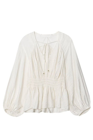 Ivory Smocked V-Neck Blouse – Long Balloon Sleeve Peasant Top