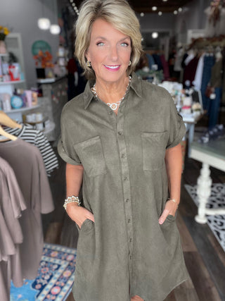 Olive Faux Suede Shirt Dress