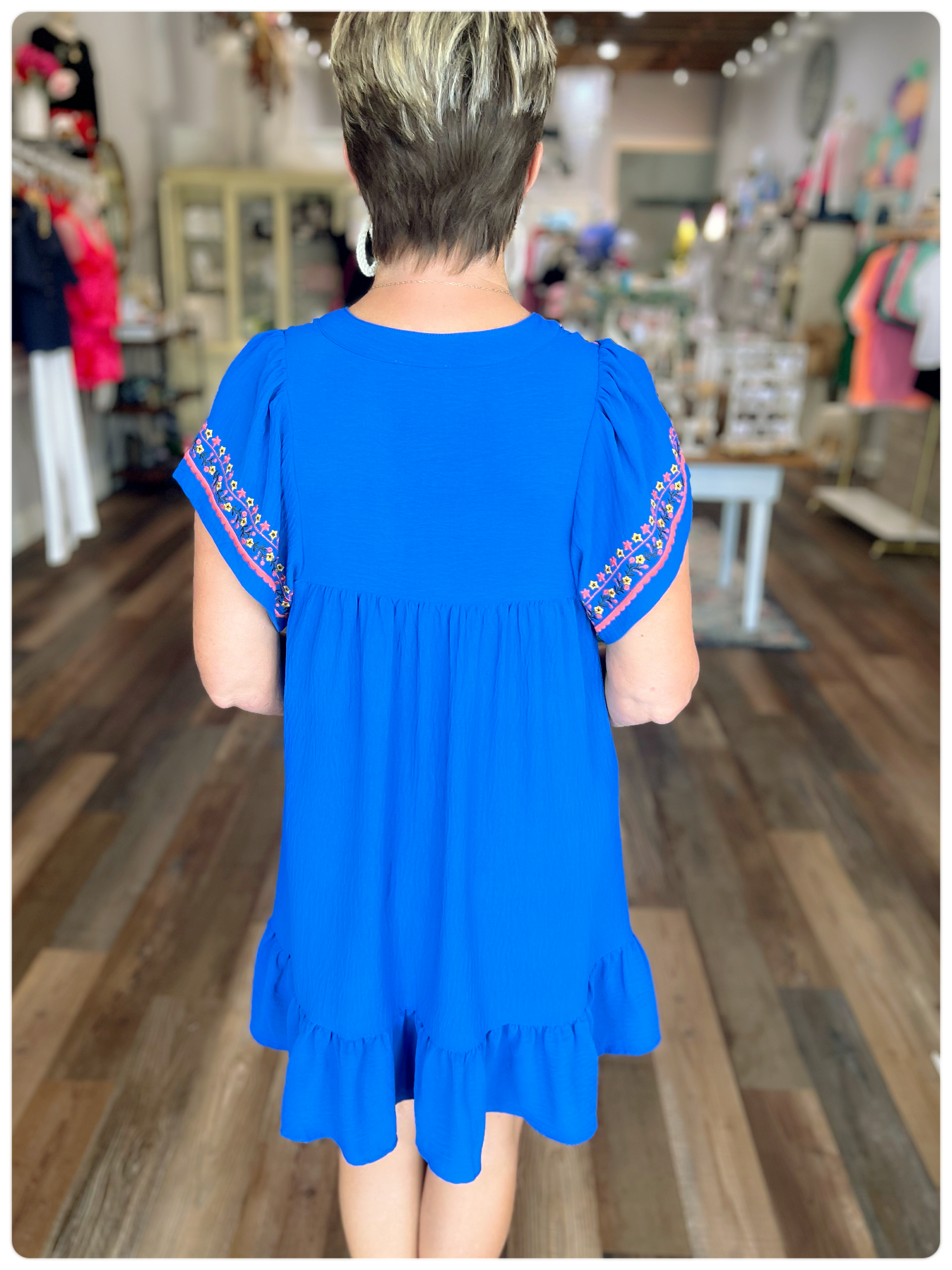 Embroidered Flutter Sleeve Babydoll Dress