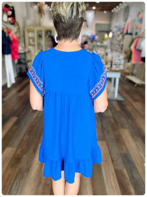 Embroidered Flutter Sleeve Babydoll Dress