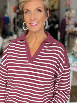 Cloud Striped V-Neck Knit Top – Long Sleeve Collared Pullover in Wine/Ivory