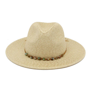 Turquoise Stone Band Straw Summer Fedora Hat: Tan or Stone