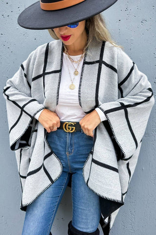 Black Grey Dual-Tone Check Printed Cozy Reversible Ruana