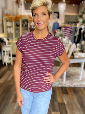 Burgundy Stripe Cuffed Sleeve Top – Made in the USA