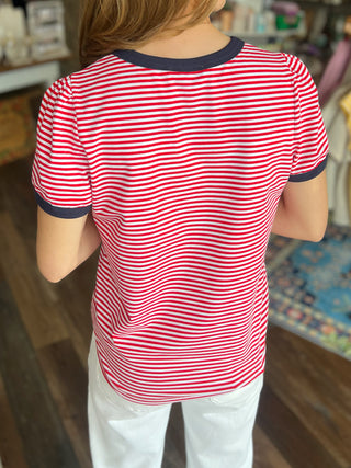 Red and Navy Short Sleeve Striped Top