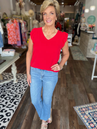 Say it Louder  V Neck Ruffle Sleeve Top in Red
