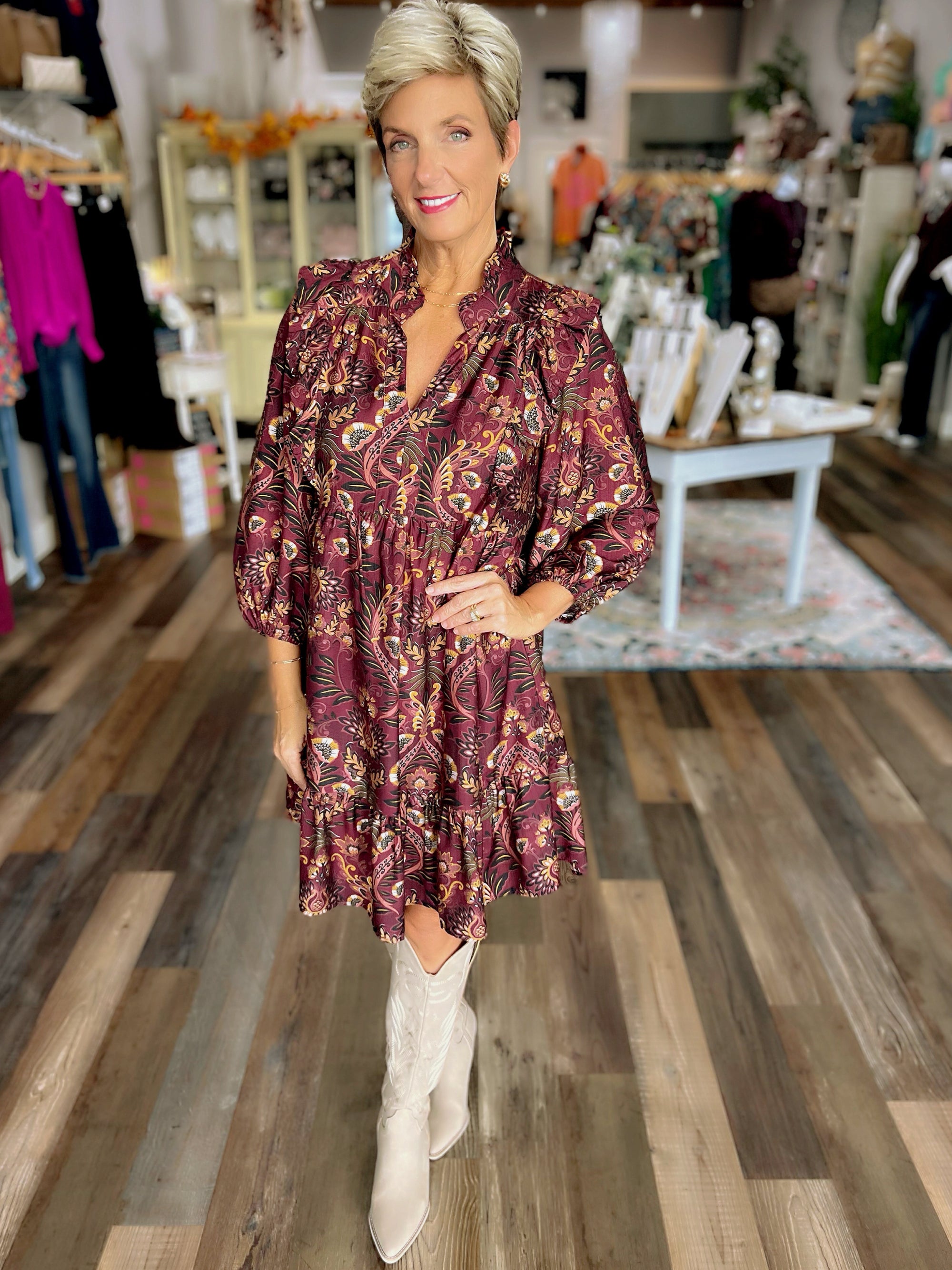 Mix Floral Print Long Sleeve Mini Dress – Wine Mix