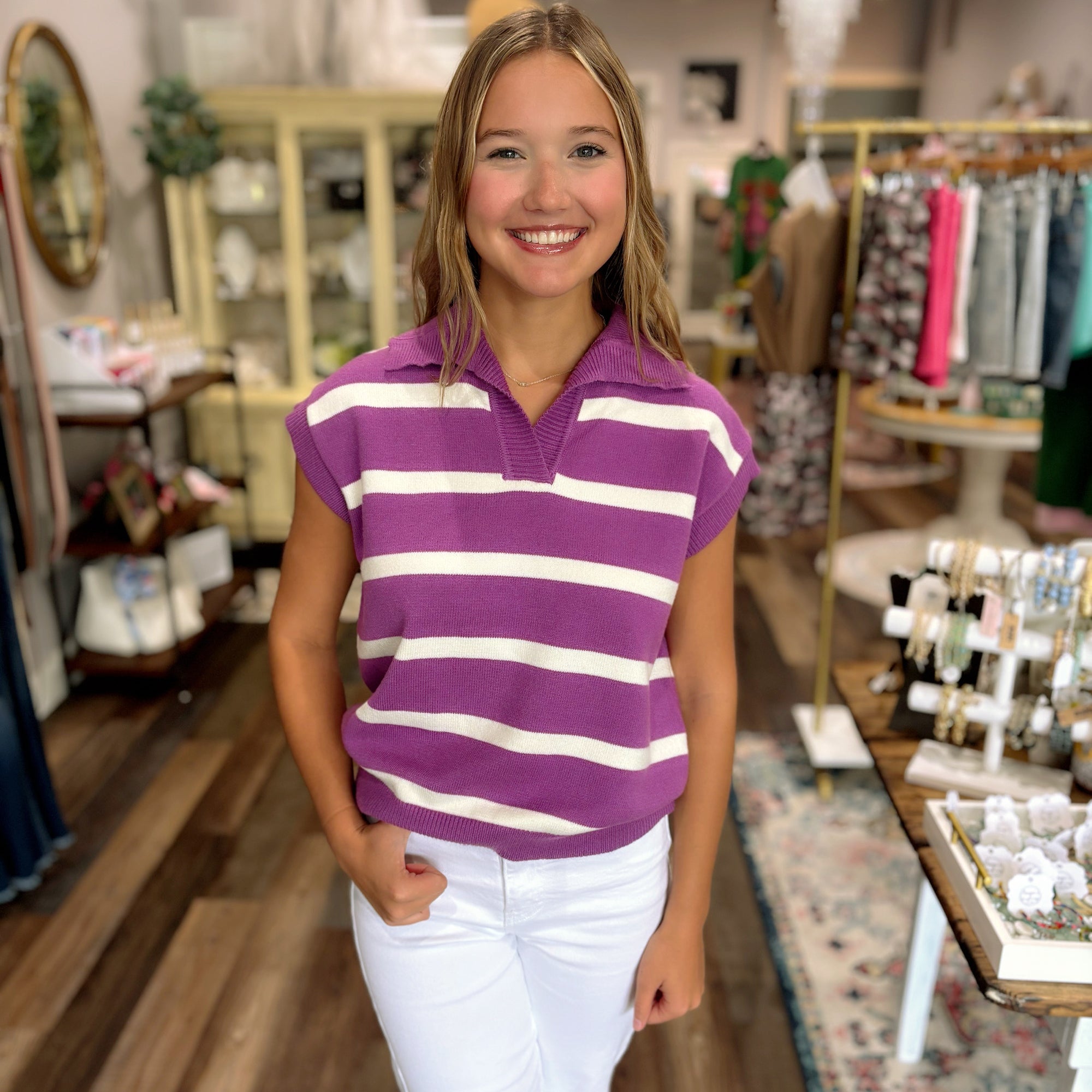 Striped Short Sleeved Sweater in Violet
