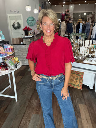 Wine Ruffle Puff Sleeve Blouse in Curvy