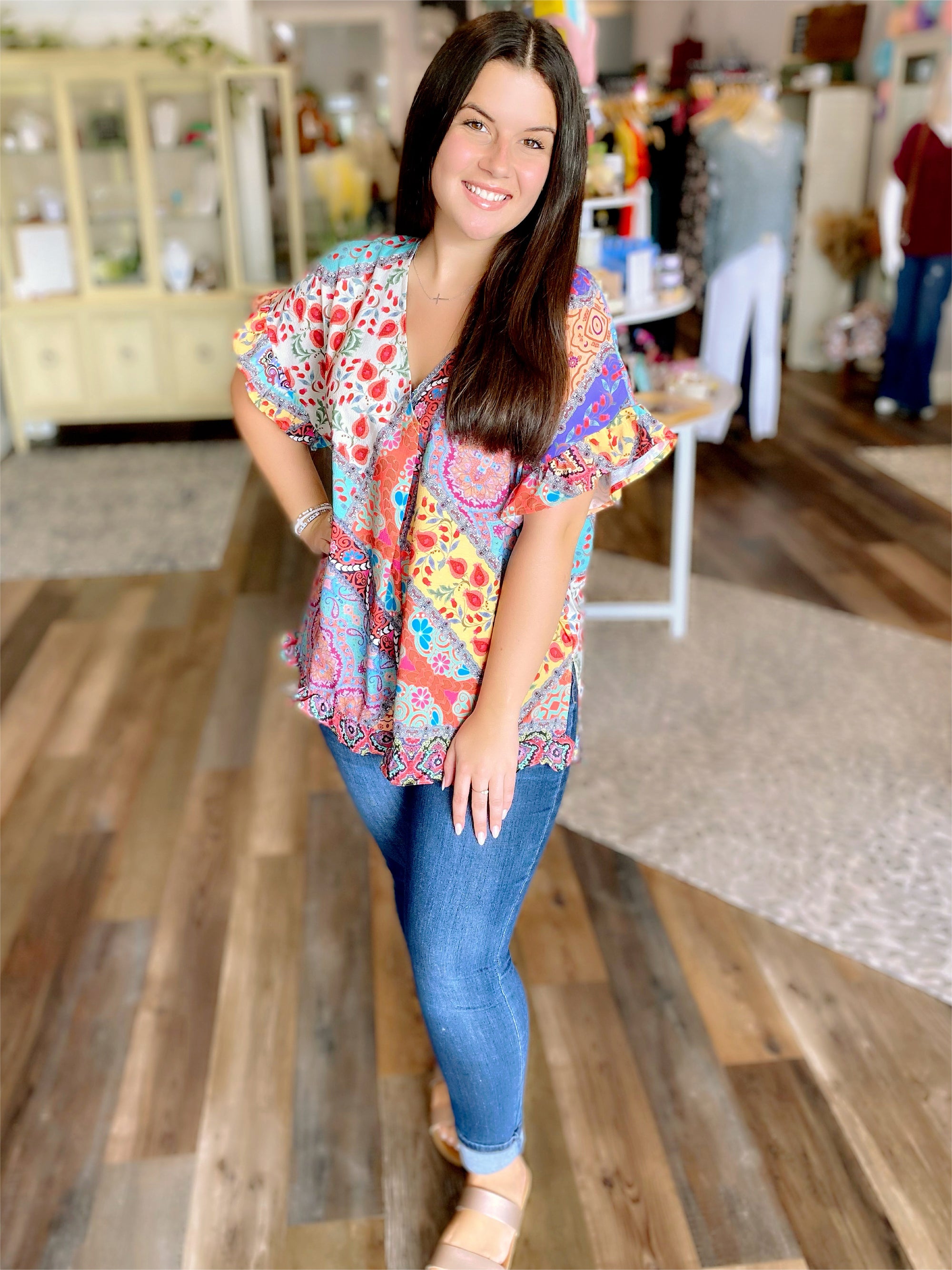 Mixed Print V-Neck Ruffle Sleeve Top in Curvy