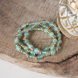 Glass Beaded Bracelet Stack with Worn Gold Accents – Green, Cream, or Gray