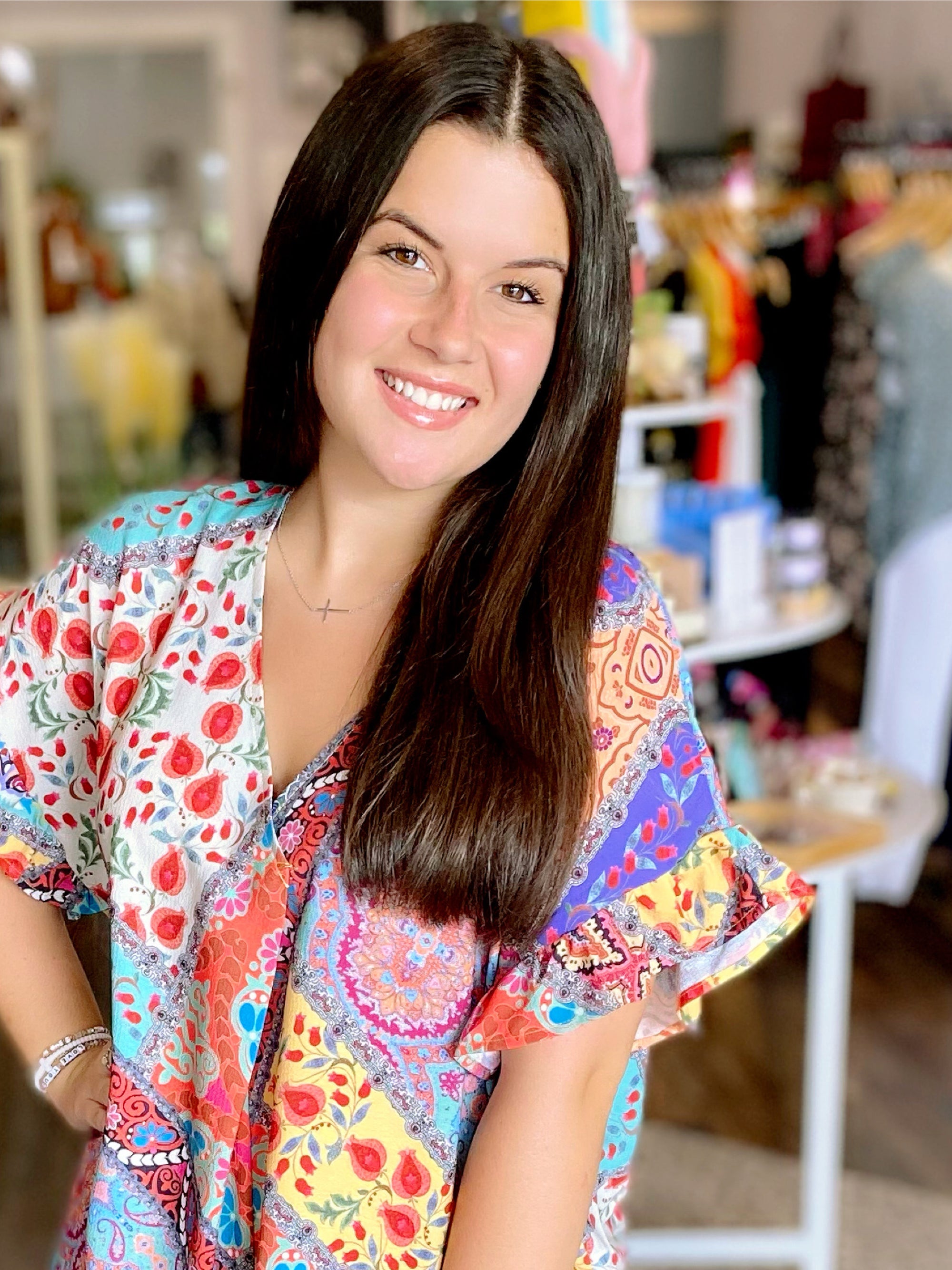 Mixed Print V-Neck Ruffle Sleeve Top in Curvy