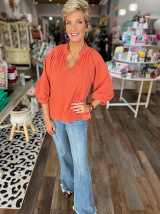 Autumn Grace Textured V-Neck Blouse in Rust in Curvy