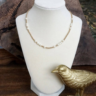 Short Dainty Necklace - Pearls and Ball Beads in Gold Tone