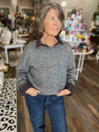 Loose Fit Windowpane Patterned Two Tone Sweater in Red or Charcoal