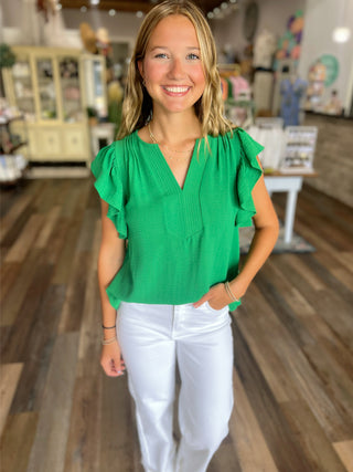 Flutter Sleeve V-Neck Blouse in Green