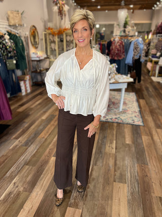 Ivory Smocked V-Neck Blouse – Long Balloon Sleeve Peasant Top