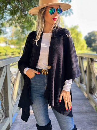 Classic Black Ribbed Knit Ruana with Button