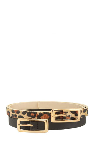 2 Piece Skinny Belt Set  - Animal Print and Black