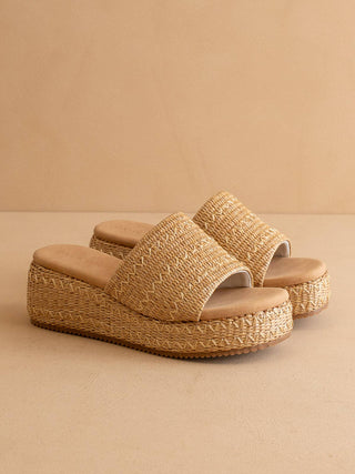 The Taniya | Toffee Embroidered Raffia Platform Slide