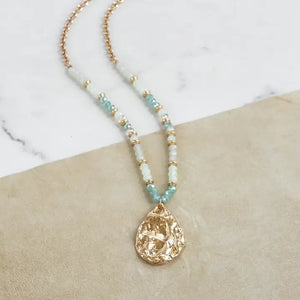 Long Beaded Necklace with Golden Teardrop Pendant