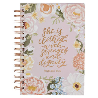 Notebook with floral design and text on a white background