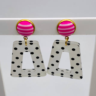 Fun Polka Dots With Pink and White Stripe Button Earrings