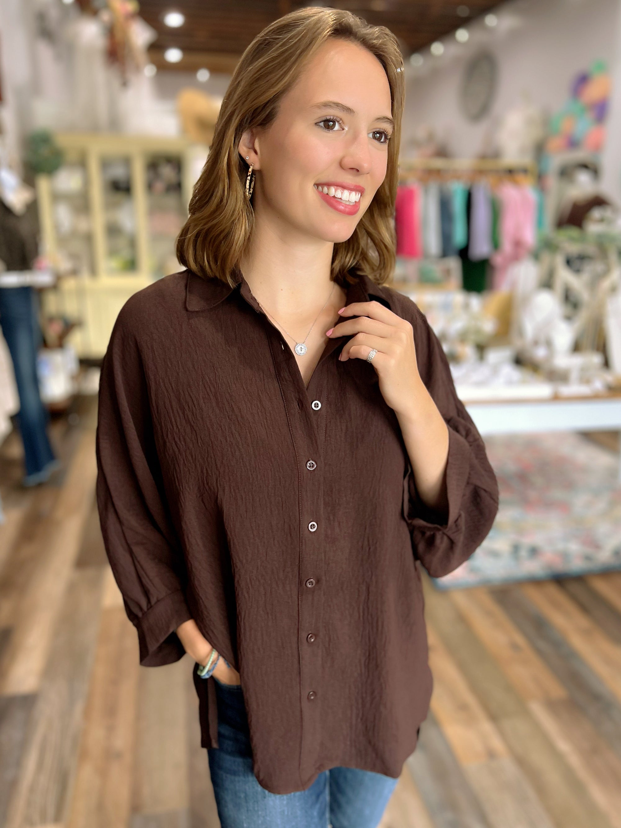 Sloan Button-Up Top in Chocolate or Navy