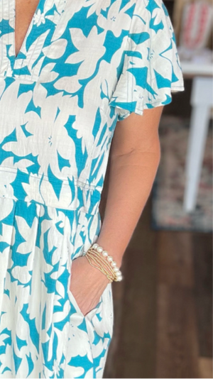 Just Lovely Floral and Stripe Print Dress in Turquoise