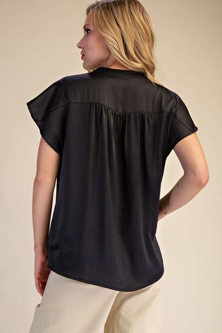 V-Neckline Cap Sleeve Top in Black
