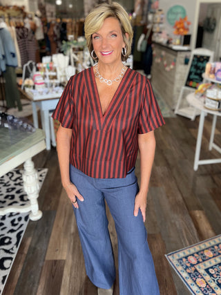 V-Neck Sienna and Brown Striped Blouse