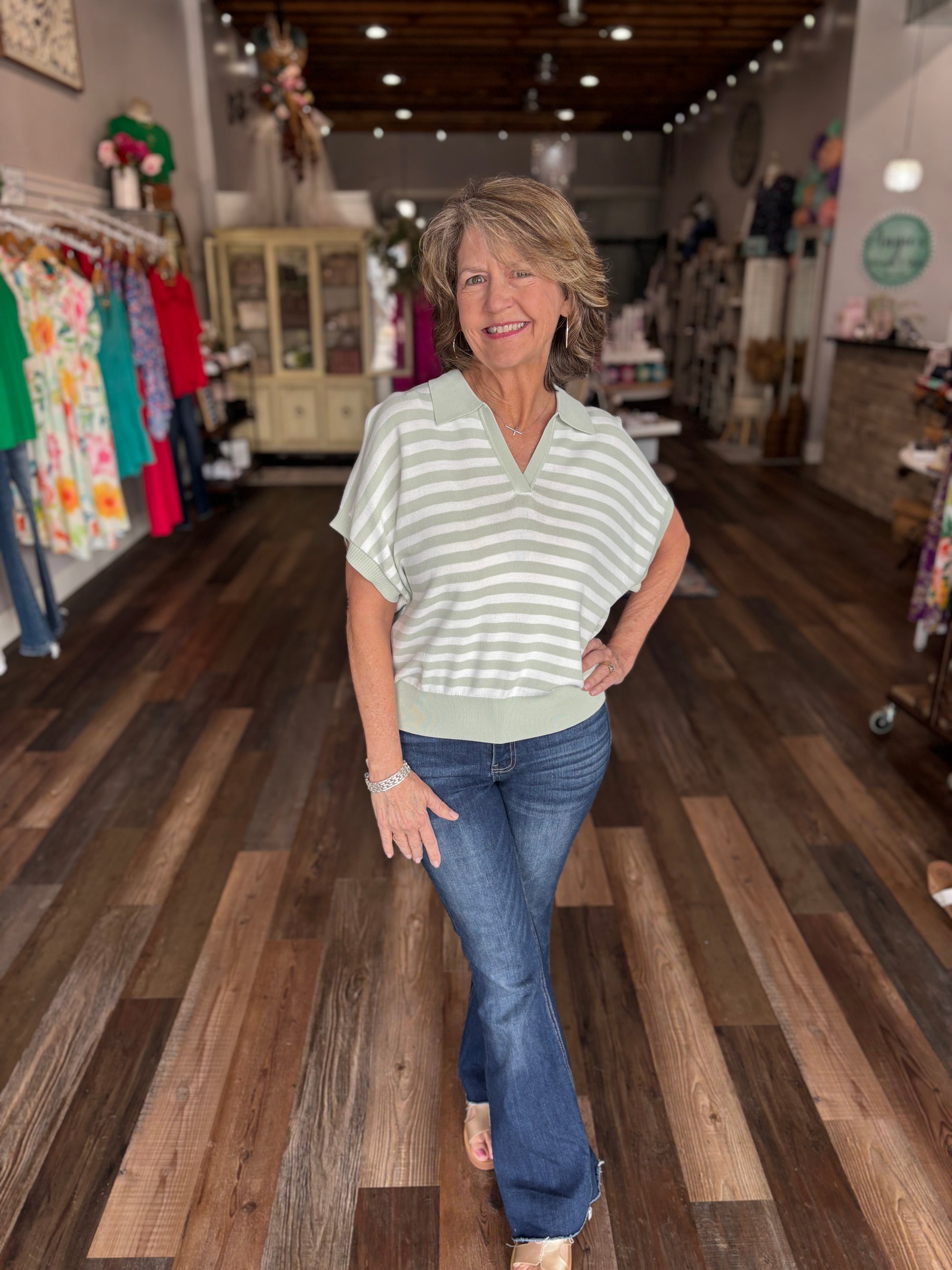 Sage Striped Short Sleeve Polo Sweater