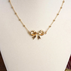 Fancy Bow Necklace - Short Dainty Station Chain in Gold Tone