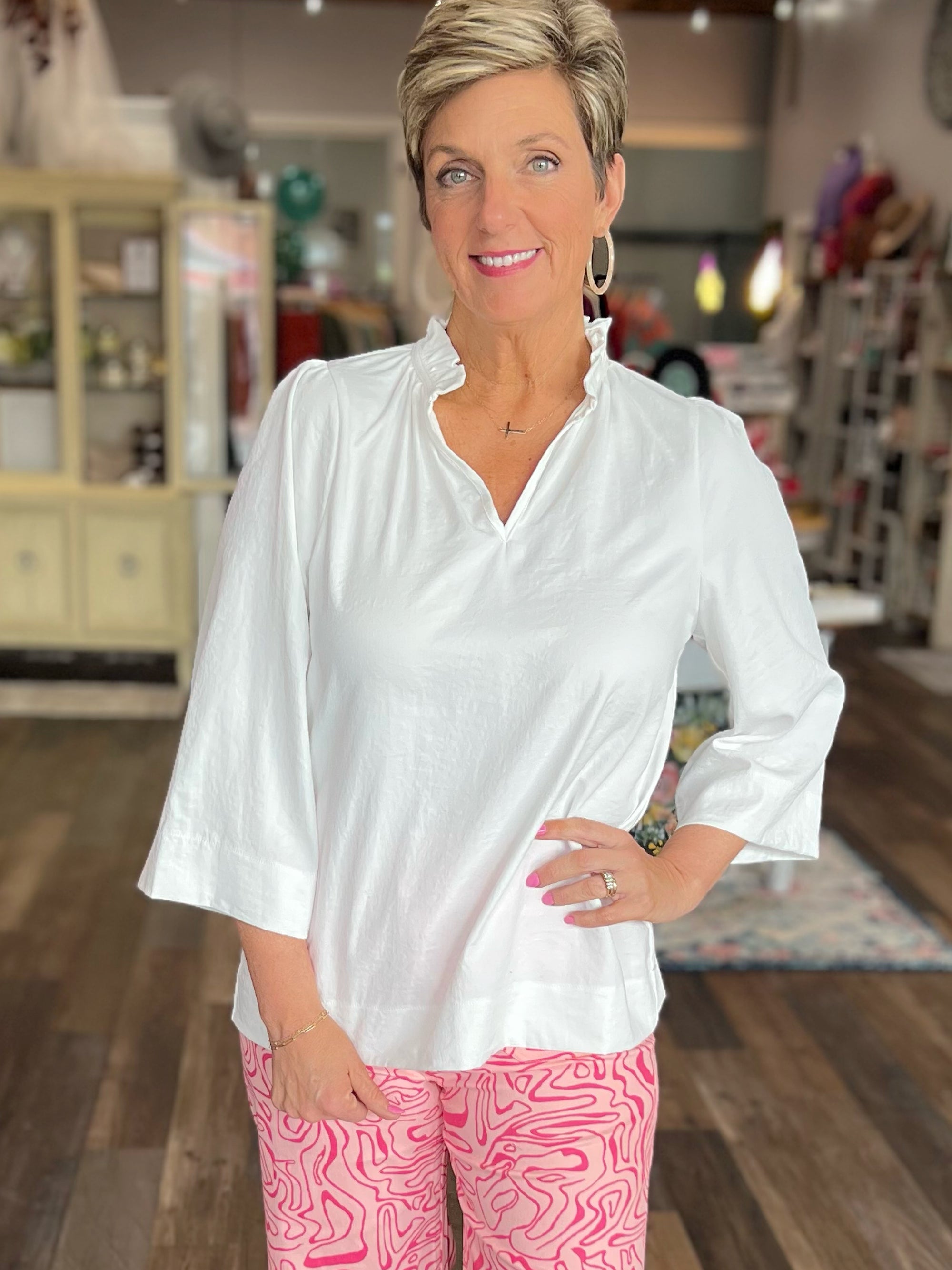 Ruffled Neck Blouse in White - RESTOCK