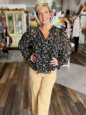 Just the Details Floral and Foil Print Top in Black