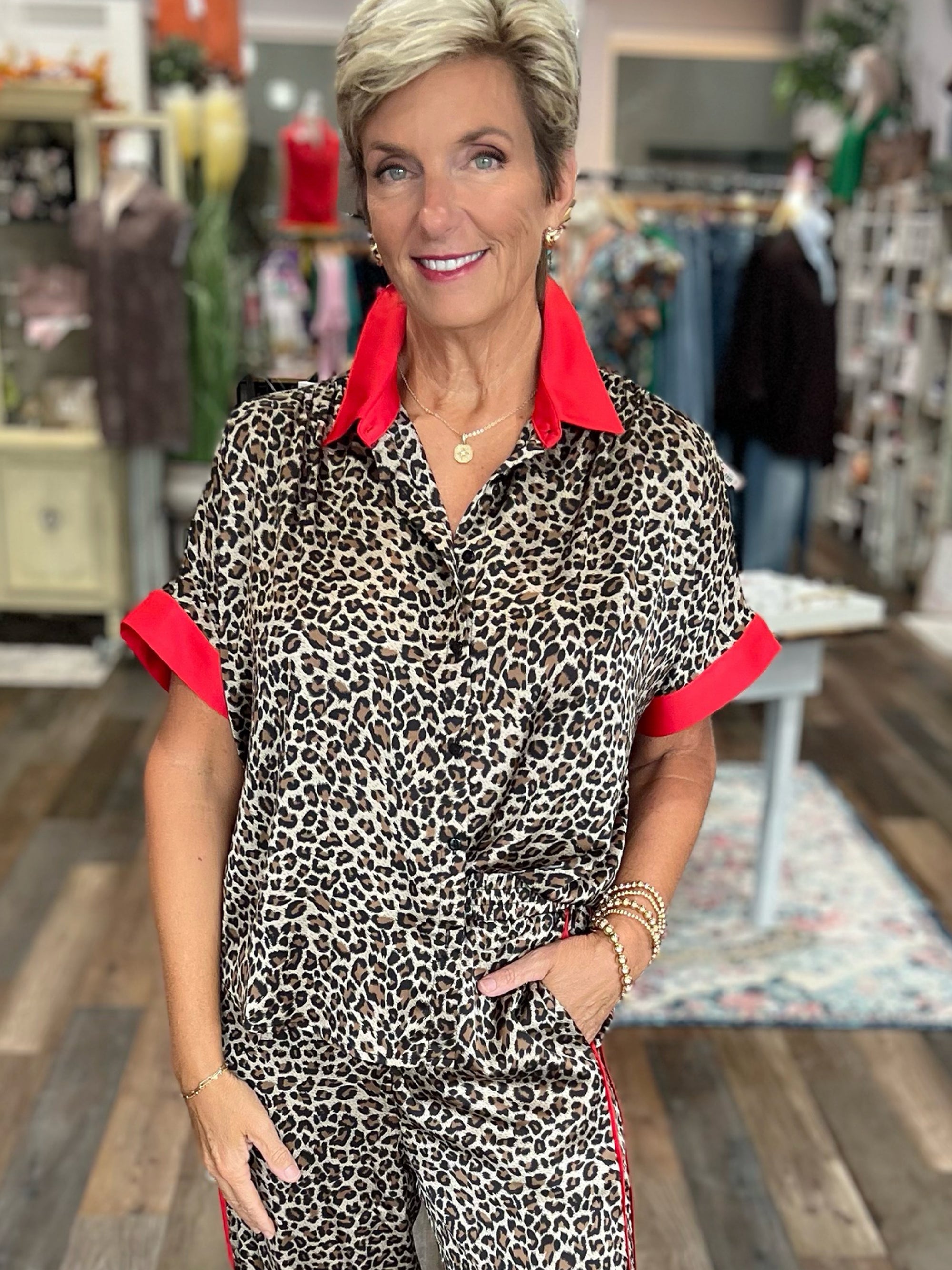 Leopard Contrast Button Down Shirt