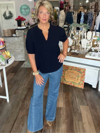 Navy Button Front Blouse