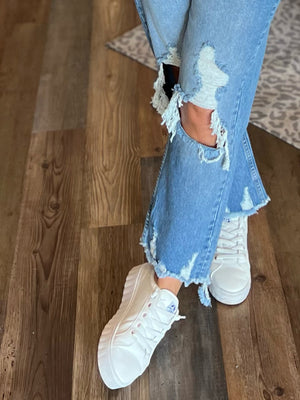 High Rise Distressed Crop Straight Legged Jeans