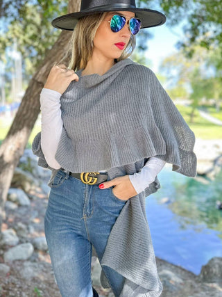 Soft Grey Ruffle Detail Open Front Lightweight Ruana Shawl