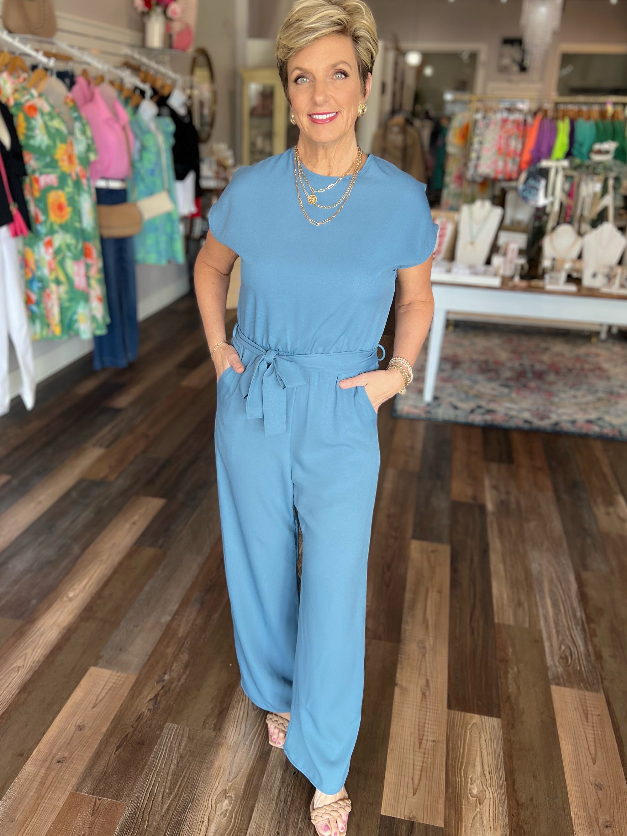 Class Act Short Sleeve Jumpsuit in Denim Blue