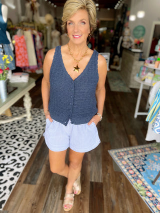 Knit Button-Up Tank in Navy