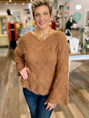 Brown Boatneck Cable Knit Sweater