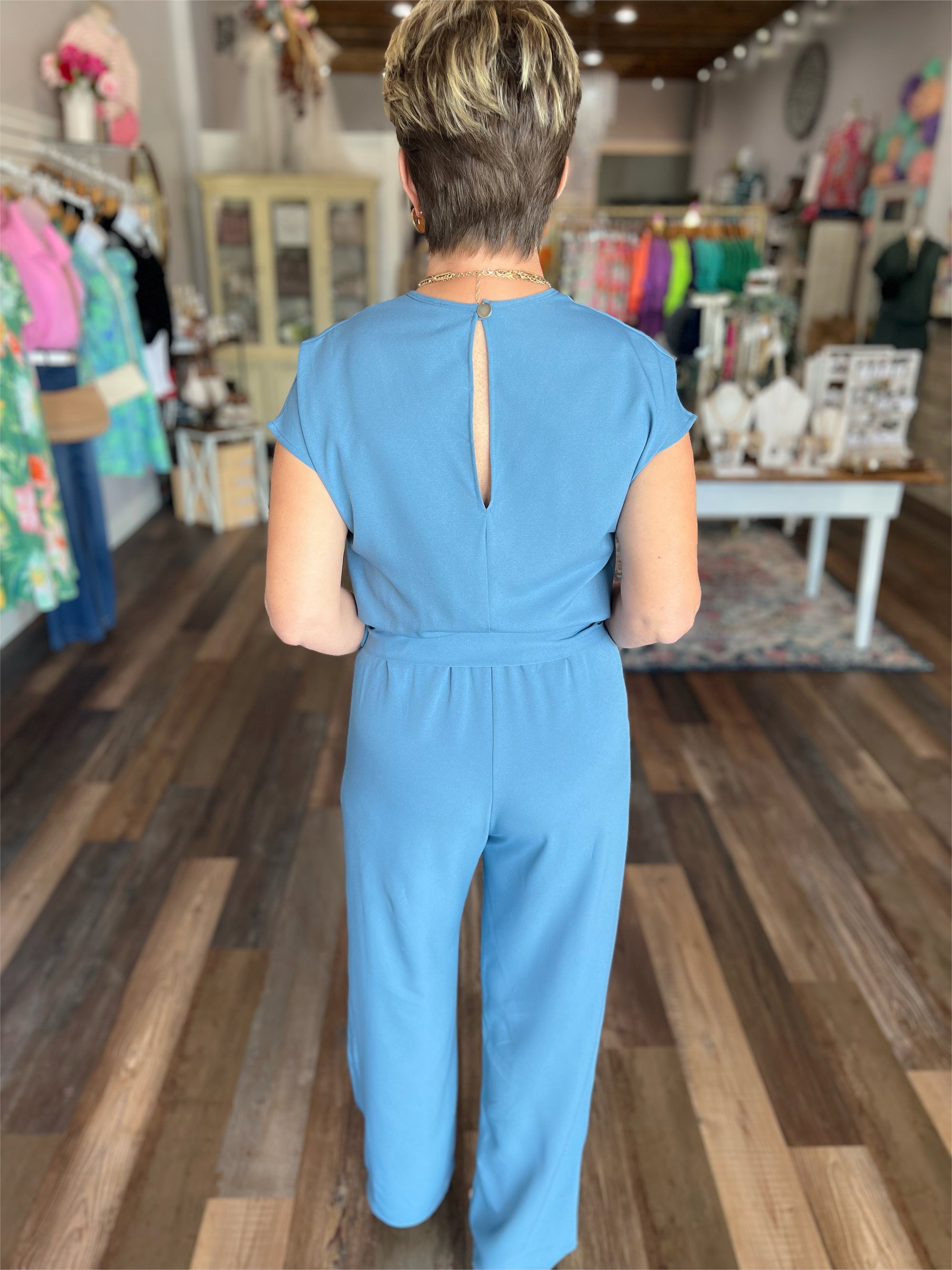 Class Act Short Sleeve Jumpsuit in Denim Blue
