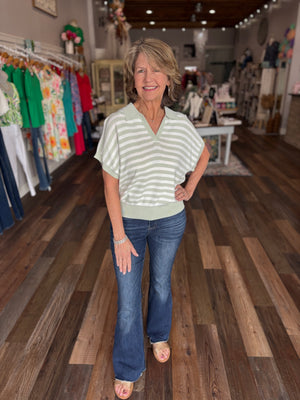 Sage Striped Short Sleeve Polo Sweater