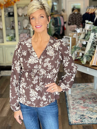 Autumn Blossom V-Neck Floral Blouse – Brown Long Sleeve Top