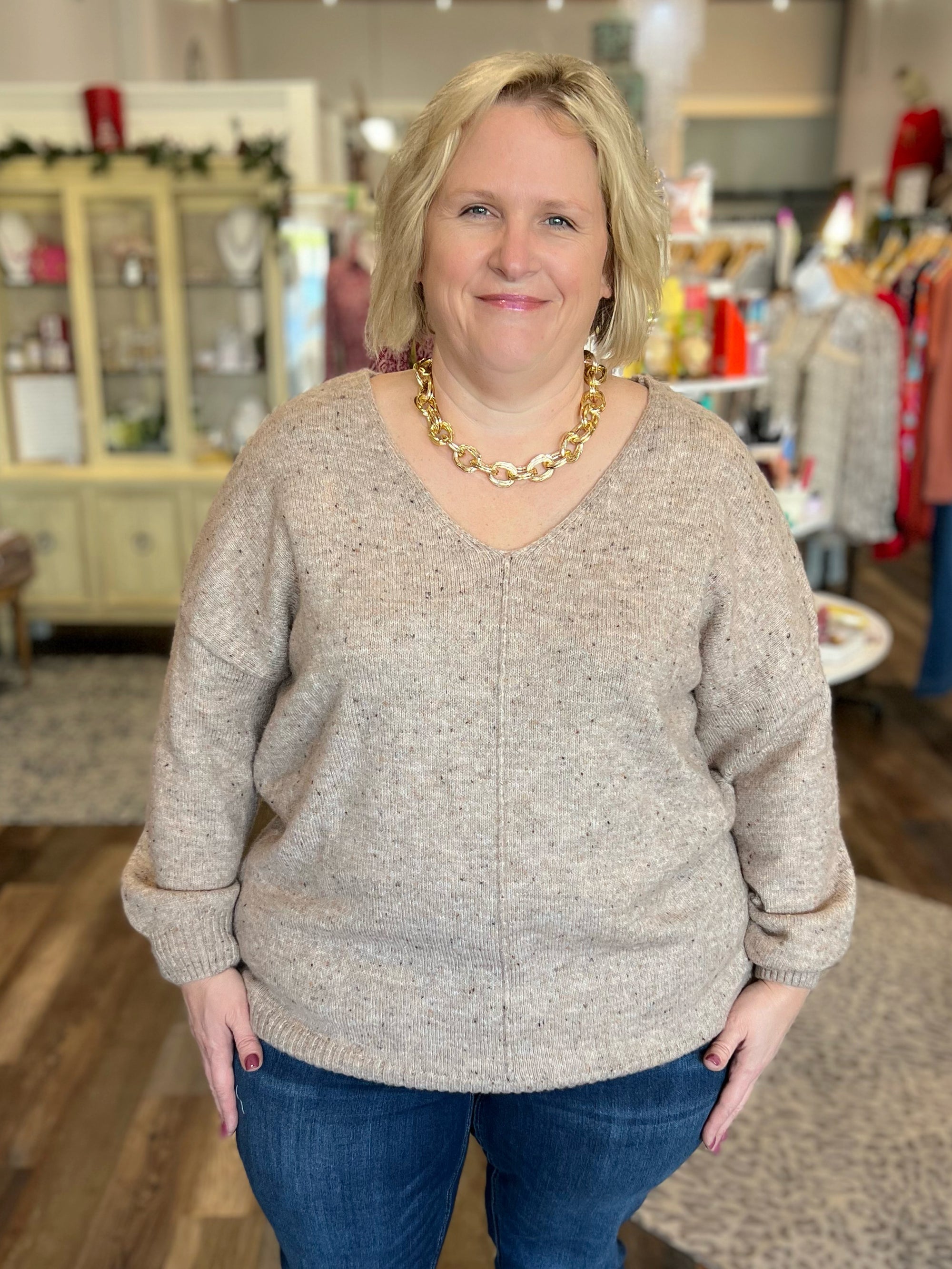 Speckled Knit V-Neck Sweater in Curvy