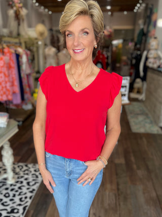 Say it Louder  V Neck Ruffle Sleeve Top in Red