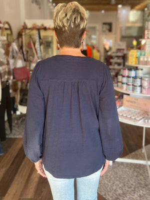 See You Soon Pintucked Top in Navy