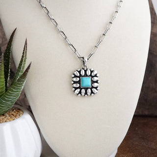 Desert Bloom – Square Concho Pendant Necklace in Worn Silver