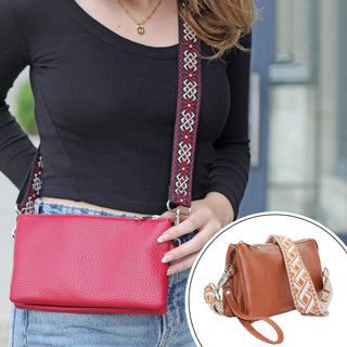 Person holding a red handbag with an inset of a brown handbag.